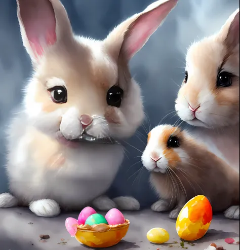 beautiful little bunny with dreamy eyes, volumetric light, hyper realistic, intricate detail, illustration, painting, watercolor...