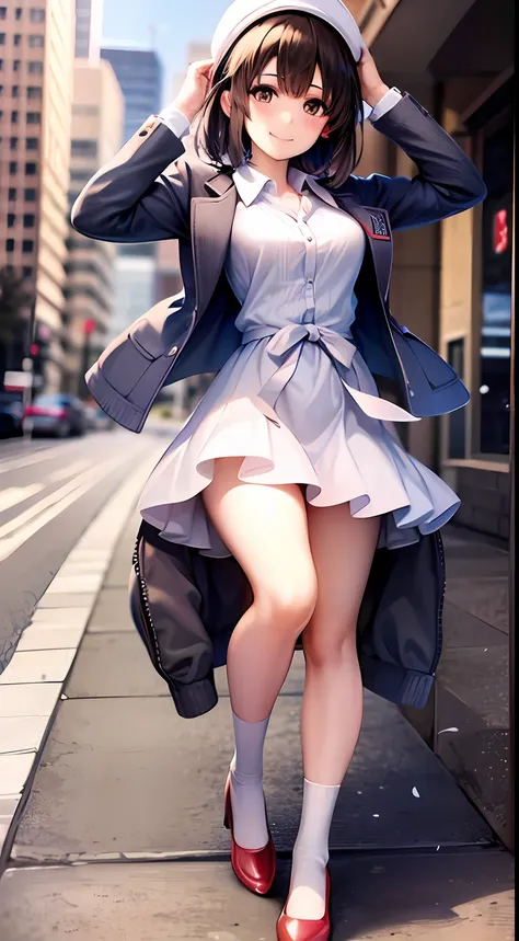 masterpiece, highres, best quality, 1girl, solo, hat, bangs, blush, smile, short hair, dress, looking at viewer, shoes, bag, jac...