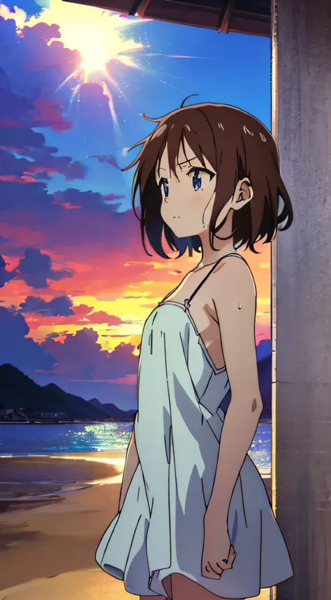 (anime, anime art style:1.2) yuyushiki, young girl, 13 years old, sweaty, camisole dress, seaside, sunshine, (looking away:1.5),...