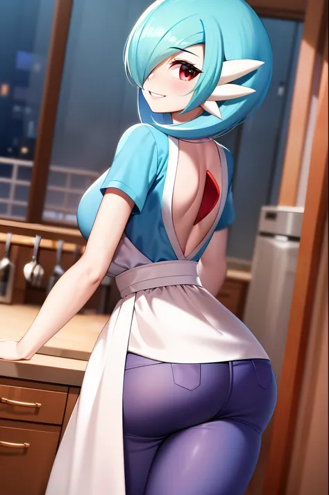 masterpiece, best_quality, 1girl, solo, gardevoir, pokemon \(creature\), blue hair, red eyes, detailed eyes, in a kitchen, night...