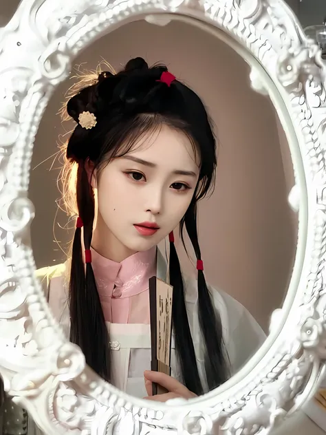 arafed woman with long black hair and a pink dress looking in a mirror, palace ， a girl in hanfu, hanfu, wearing ancient chinese...