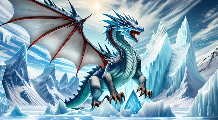 iceberg, frozen dragon, open mouth, spread wings, icicles, ice picks, ice cubes, glaciers, cold winds, snow, detail, realism, op...