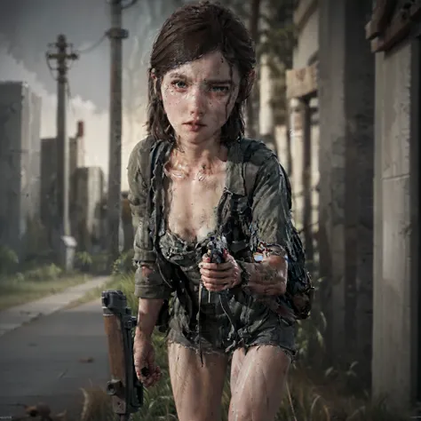 (Best quality, 8k, 32k, Masterpiece, UHD:1.2),Photo of western woman, brown short hair,beauty face,(leaning forward:1.3), on her knees, pov, large breasts,(beautiful nipple slip:0.9),cleavage, outdoors, post apocalyptic, windy,shiny skin,blurry background,...