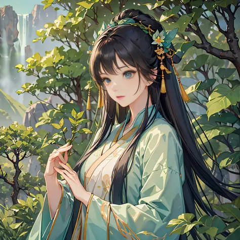 a woman in hanfu holding plants, mountains as the background, surrounded by a forest full of green plants, a girl in hanfu, the ...