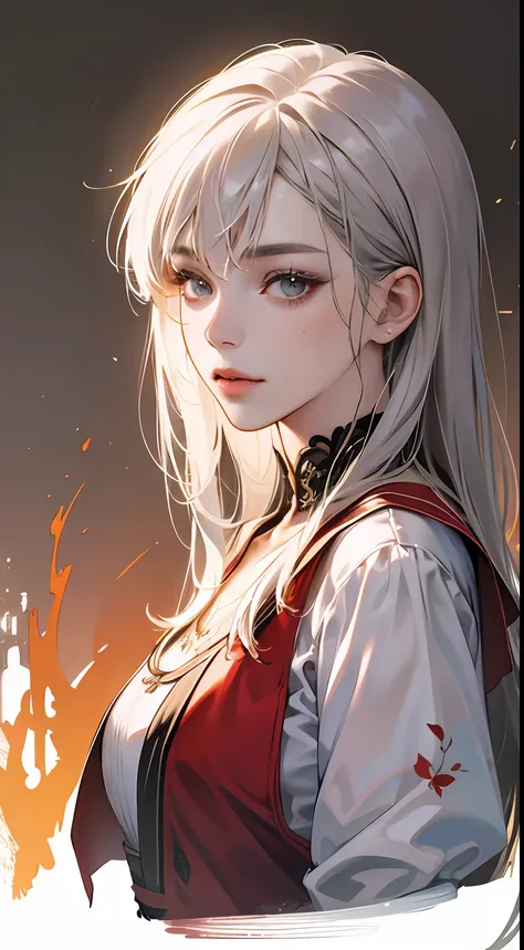 a painting of a woman with gray hair and an orange top, stunning anime face portrait, beautiful character painting, beautiful an...