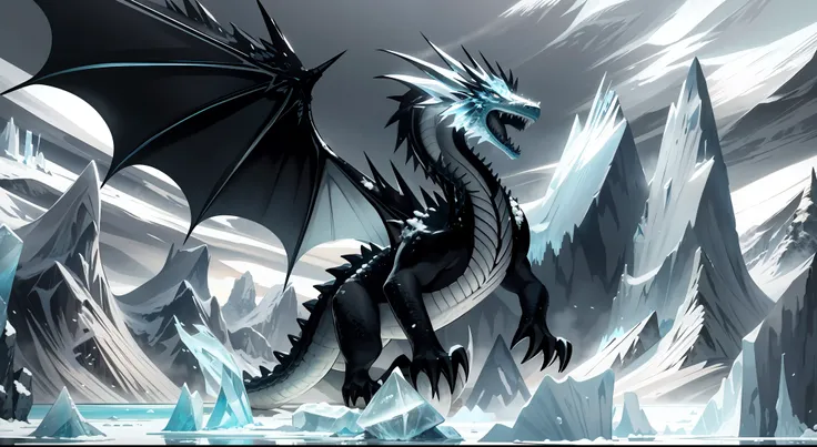 (masterpiece, best_quality, ultra detailed, immaculate: 1.3), epic, illustration, (length: 1.2), iceberg, frozen dragon, open mo...