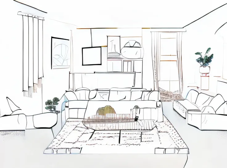 a sketch of a living room with a couch and a coffee table, in a living room, an interior of room, location in a apartment, the living room, black and white illustration, anxiety environment, black and white drawing, living room background, in a room, stock...