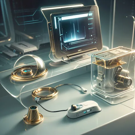 glasstech, scifi, transparent gold and glass tampon ,two gold hearing aid, two gold nose plug, and earplug, only on table transparent ,gold hearing aid and gold nose plug, and earplug, lies only on cyberpunk desk, small devices scan these things