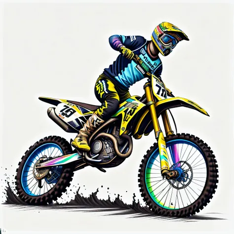 RainbowPencilRockAI muddy terrain Motocross racing on white background