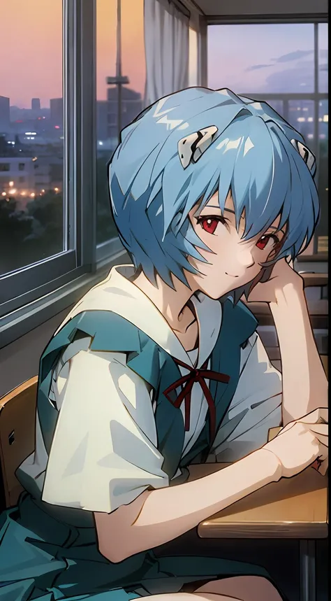 1 girl, ayanami, evangelion, 8k, best quality, school uniform, classroom, gentle smile, sitting in chair, looking out the window...