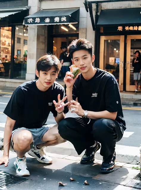 (chinese handsome guy: 1.5), two boys squatting in the square feeding pigeons, realistic details, realistic photos, textured ski...