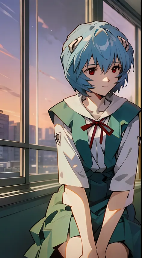 1 girl, ayanami, evangelion, 8k, best quality, school uniform, classroom, gentle smile, sitting in chair, looking out the window...