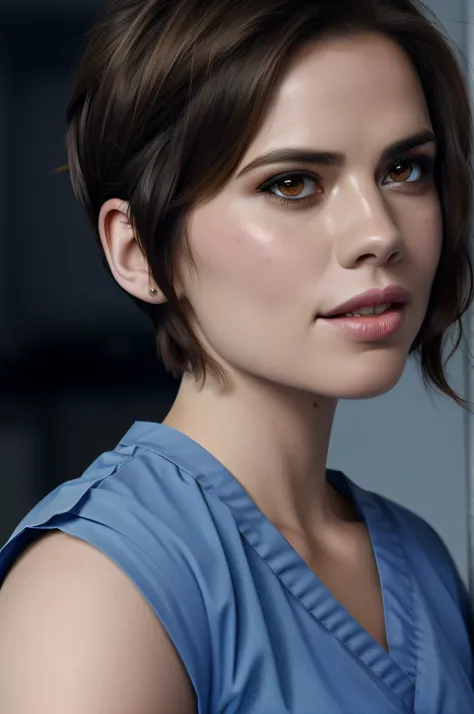 beautiful woman, hayley atwell, wearing (light blue hospital scrubs), beautiful legs, (very short pixie hair::1.3), detailed eye...