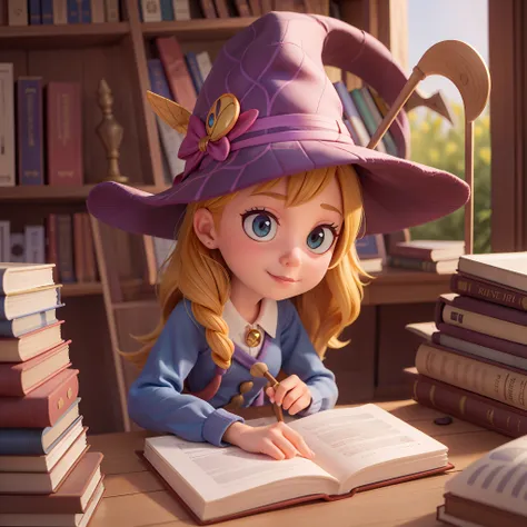 a cute pixar witch in a pixar library, pixar, sun light, warm color background