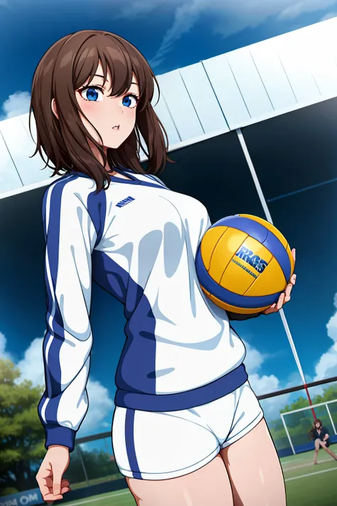 masterpiece, best quality, 1girl, volleyball trackwear, trackwear, clouds, brunette hair, blue sky, sky, holding, shirt, bangs, ...