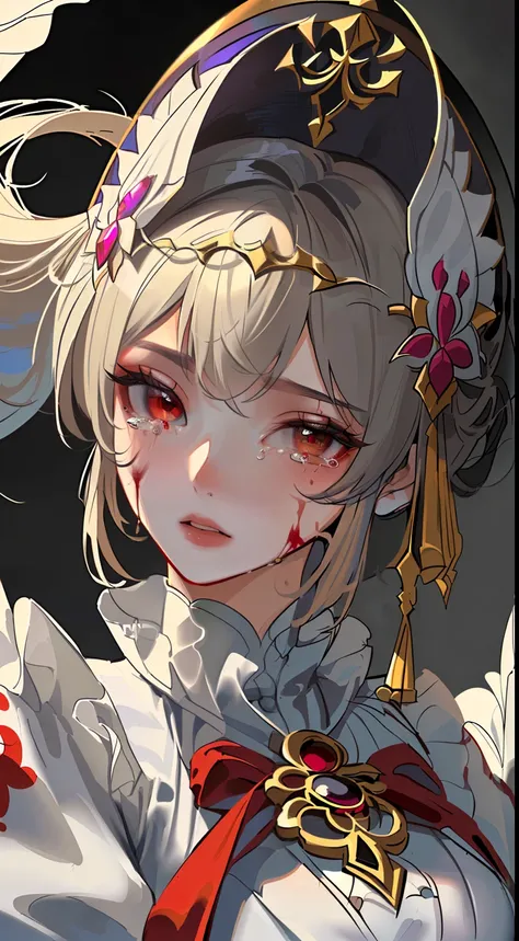 Close-up of a woman in a white dress and red headdress, beautiful character painting, detailed painting 4 K, 8K high quality detail art, this is a close-up illustration depicting a character in a costume. The painting was created in the art form of the "Gu...