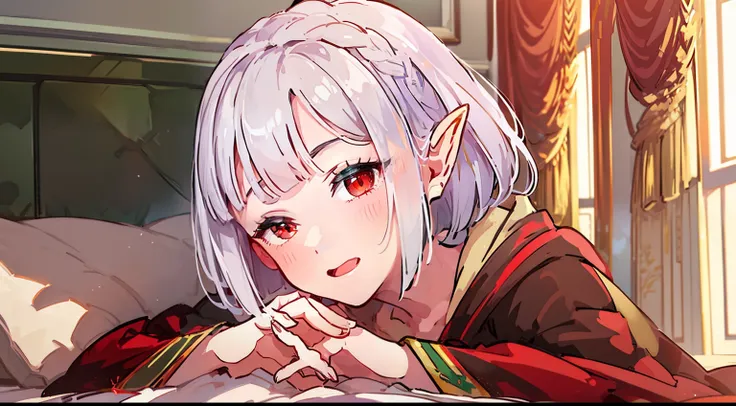 ((put your hands on your face)), (surprised)), (red face), 1 girl closeup, elf, silver hair, red eyes, braid hair, bob cut, wiza...