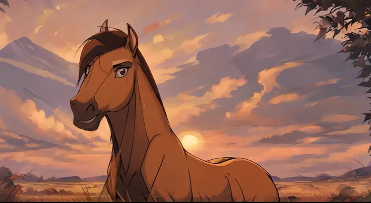 a horse stands at sunset, a lush mane, spirit_from_spirit2002