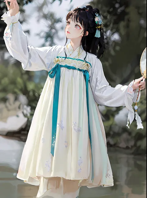 there is a woman in a dress holding a fan and a mirror, white hanfu, hanfu, palace , a girl in hanfu, traditional chinese clothing, wearing ancient chinese clothes, white and teal garment, with acient chinese clothes, flowing magical robe, wearing a flowin...