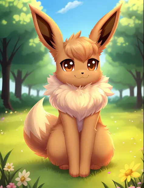 pokekid, eevee, fluffy girl, furry girl, female, smile, smiling, has a big pretty bow in her hair, has animal paws for hands, 1g...