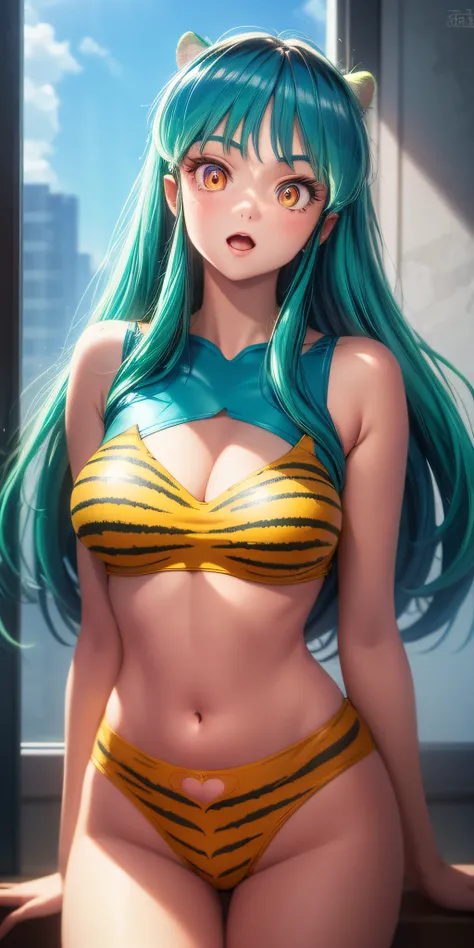 lum invader, detailed, realitsa, (tiger stripes: 1.2), (cat lingerie:.8), yellow clothes, neckline cutout, masterpiece, best qua...