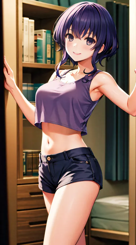 masterpiece, best quality, highres, hyoudou michiru, solo, tank top, crop top, short shorts, midriff, cowboy shot, smile, indoor...