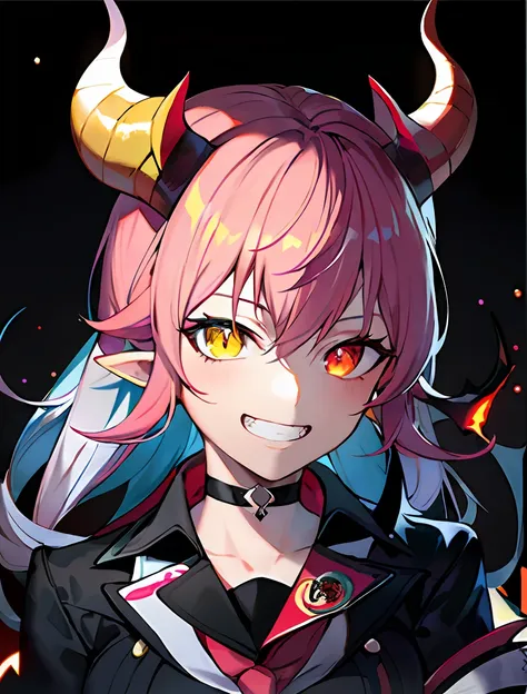 anime girl with horns and horns on her head, [[[grin]]]], discord profile picture, discord pfp, demon anime girl, mika kurai dem...