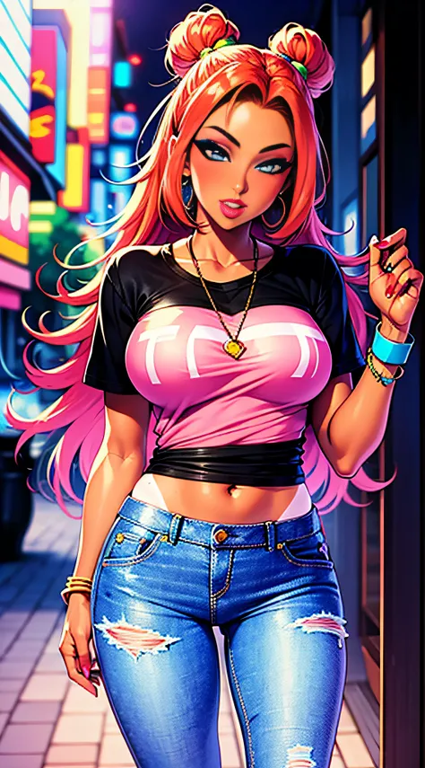 1girl, solo, transgender female, red hair,  blue eyes, tan, tan skin, ganguro, long hair, wearing a black and pink anime tshirt,...