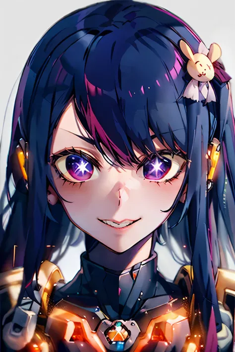 robot
cyborg Hoshino Ai, long hair, purple hair, streaked hair ,purple eyes, star-shaped pupils, hair ornament,