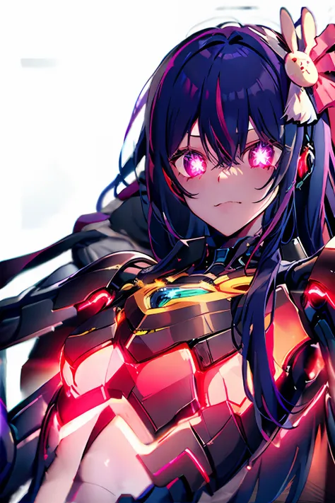 robot
cyborg Hoshino Ai, long hair, purple hair, streaked hair ,purple eyes, star-shaped pupils, hair ornament,