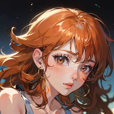 ((masterpiece)), ((best quality)), ((anime)), ((old effect)), ((90s anime)), girl, ((orange skin)), ((brown eyes) ), ((perfect)), eyebrow, nose, ear, mouth, lips, ((curly hair)), neck, shoulders, ((arms)), ((random background color)), lustful,