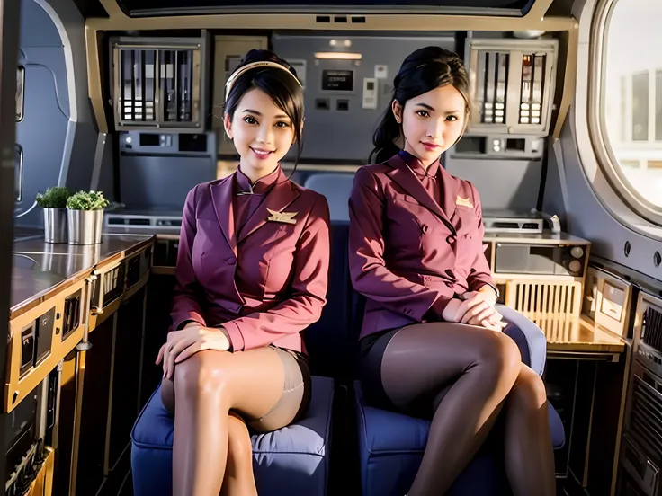 (2 girl),ray tracing,(dim lighting),[detailed clothes], air waitress outfit:1.2,  cleavage, misty smile, sitting, different pose...