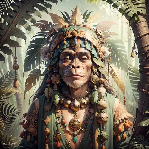 Cheerful Chimpanzee Head ((Shaman)),((meditative state),,Shaman, elegant chimpanzee, hair with details, with Indian headdress on head, ((meditating)) many colorful feathers, colored feathers, facing the camera, detail: dense tropical foliage, highly detail...