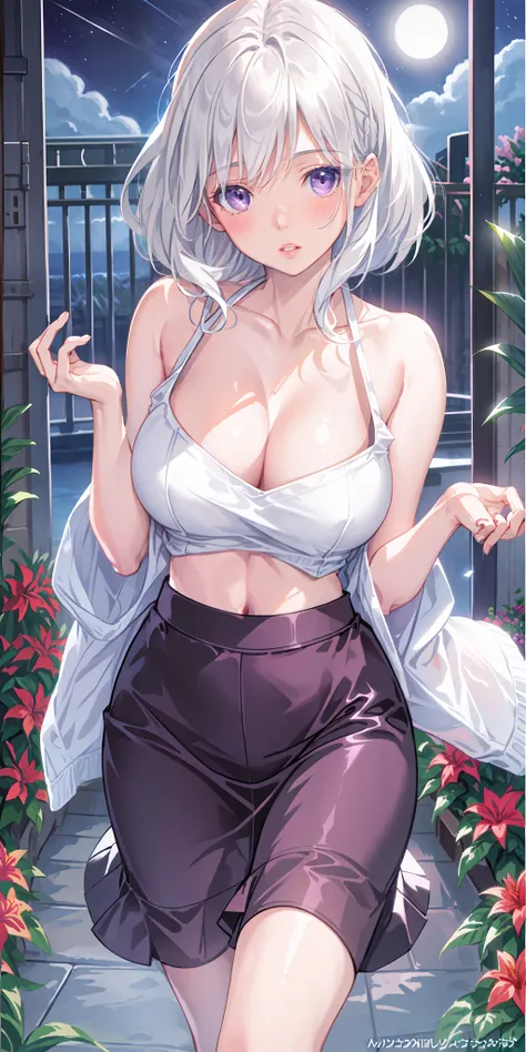 Realistic, 1girl, white hair, purple eyes, glowing eyes, cropped top, skirt, parted lips, blush, night, flowers, sun, sunlight, azure route saint luis, big breasts