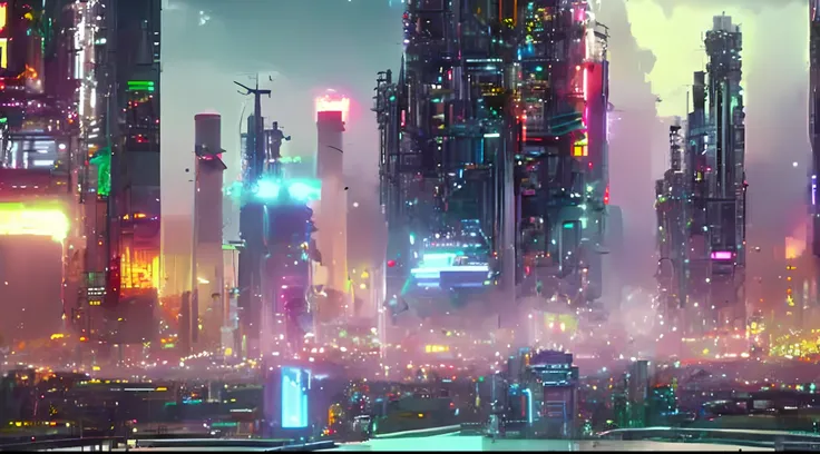 Panoramic of a futuristic city with very tall futuristic buildings, spaceships in the sky, a lot of cyberpunk style neon, people wearing futuristic clothes with covers and transparent plastic overcoats, wet floors, neon advertisements, robots and androids ...