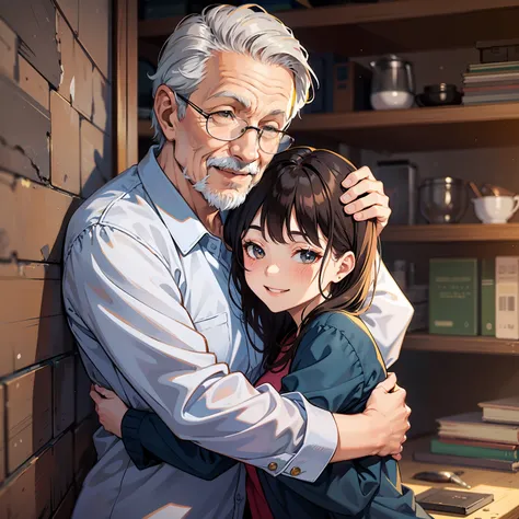 grandpa and grandma are hugging and smiling cute girl