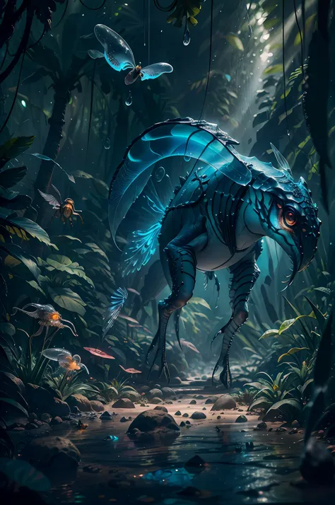 giant creature on the jungle, six legs creature whith transparent and lighting body, cristal wings, walking on all six legs, (((...