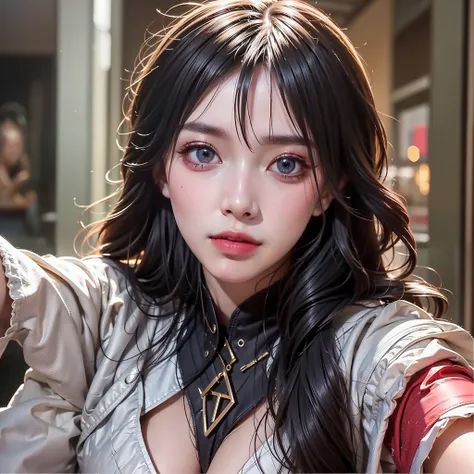 8K, Best Quality, Masterpiece, Ultra High Resolution, (Realism: 1.4), Original Photo, (Realistic Skin Texture: 1.3), (Film Grain: 1.3), (Selfie Angle), 1 Girl, Beautiful Eyes and Face Details, Masterpiece, Best Quality, Close-up, Upper Body, Looking at the...