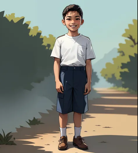 10-year-old Latino boy, smiling, looking forward, pose for photo, in nature, white T-shirt, Pathfinder Club, Boy Scout,