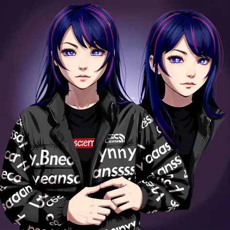 dripjacket
own hands together Hoshino Ai, long hair, purple hair, streaked hair ,purple eyes, star-shaped pupils, hair ornament,