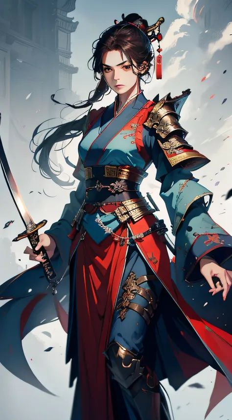 an ancient chinese female general with a sword in her hand, grim expression, full body, clear facial features, amazing facial fe...