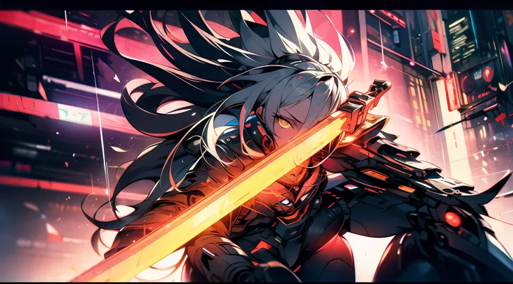 a mech girl, long silver-white hair and ponytail to waist, eyes with red light, wearing a black sexy mech suit, red torn cloak s...