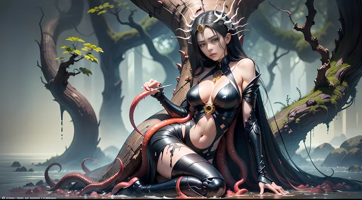 Official art, unity 8k, wallpaper, ultra detailed, beautiful and aesthetic, masterpiece, best quality, realistic. Tentacle demon tree, tentacle tree, plant tentacle, bond, devouring goddess, magic, tentacle trunk encrusted with two beautiful women, one nex...