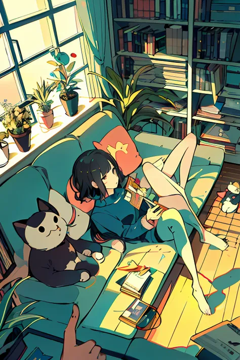 one girl, from above, plant, black hair, cat, lying down, indoors, holding, long sleeve, long hair, stuffed animal, potted plant...