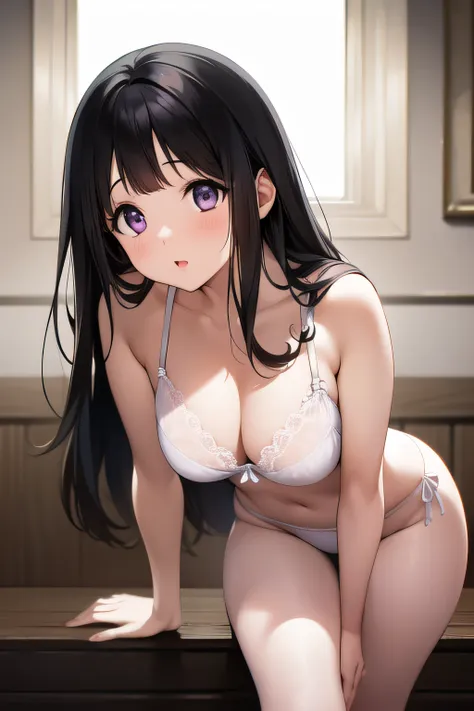 a superb exquisite chitanda eru, purple eyes, black hair, natural straight hair, straight bangs, extremely delicate, straight fa...