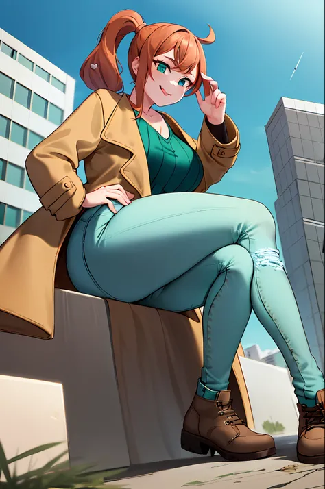 (masterpiece, best quality:1.4), solo, 1girl, sonia, smile, looking at viewer, hand on hip, side ponytail, heart hair ornament, eyewear on head, (pants, jeans:2), (full body:1.5), giantess, smile, (from below:1.5), (thick thighs:1.4), (large breasts:1.5), ...