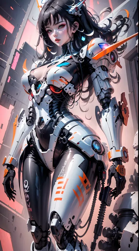 (highly detailed:1.5) futuristic mecha girl on the cover of a neon-lit sci-fi magazine, (cyberpunk:1.3) style, wearing a sleek battlesuit with glowing accents, posing confidently with a giant robot in the background, (bold typography:1.2), dynamic composit...