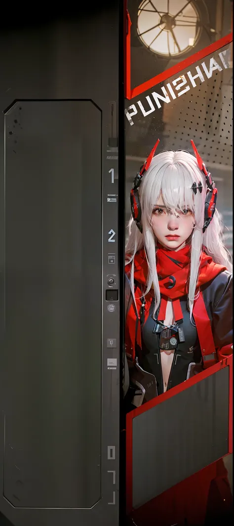 Photorealistic, white hair, sci-fi girl, lucia alpha, red shall, medium breasts, opened collars, sci-fi face ornaments, black and red dress, sci fi dress, high quality