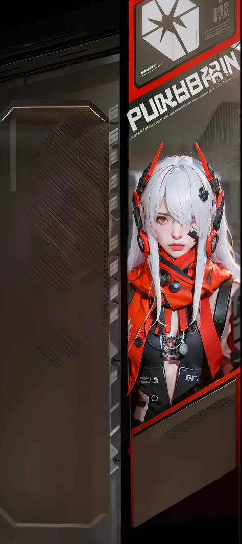 Photorealistic, white hair, sci-fi girl, lucia alpha, red syall, medium breasts, opened collars, sci-fi face ornaments, black and red dress, sci fi dress, high quality