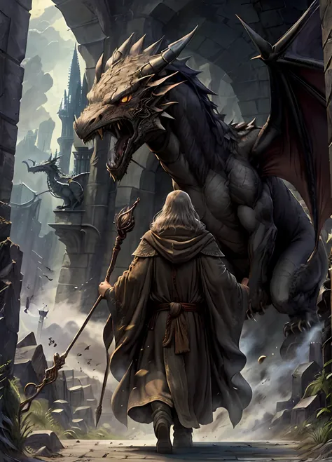 an ancient wizard in brown robes, brandishing his staff, faces a fierce dragon in front of a majestic castle.